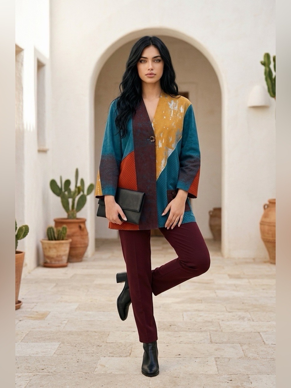 Ali Miles NWOT Faux Suede Patchwork Artistic Jacket - Peacock Multi - M
